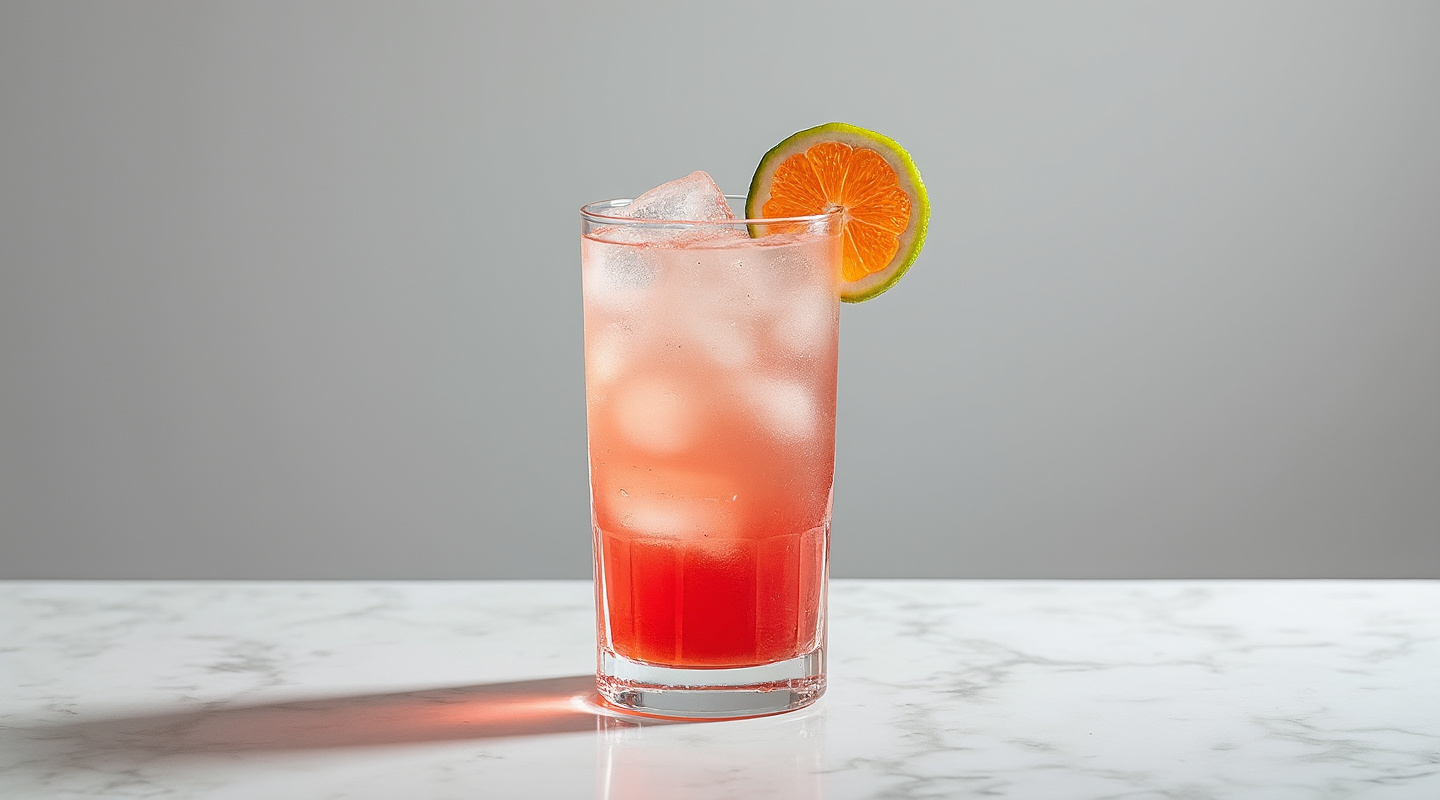 A vibrant and colorful Passion Punch in a Collins glass, garnished with half a passion fruit.