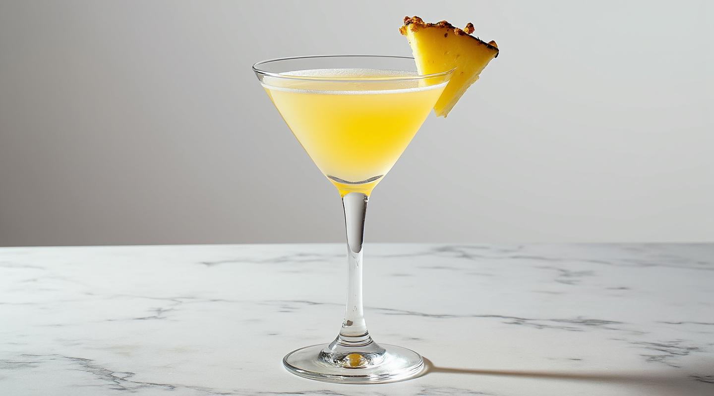 A clear, chilled martini glass filled with a light yellow cocktail.