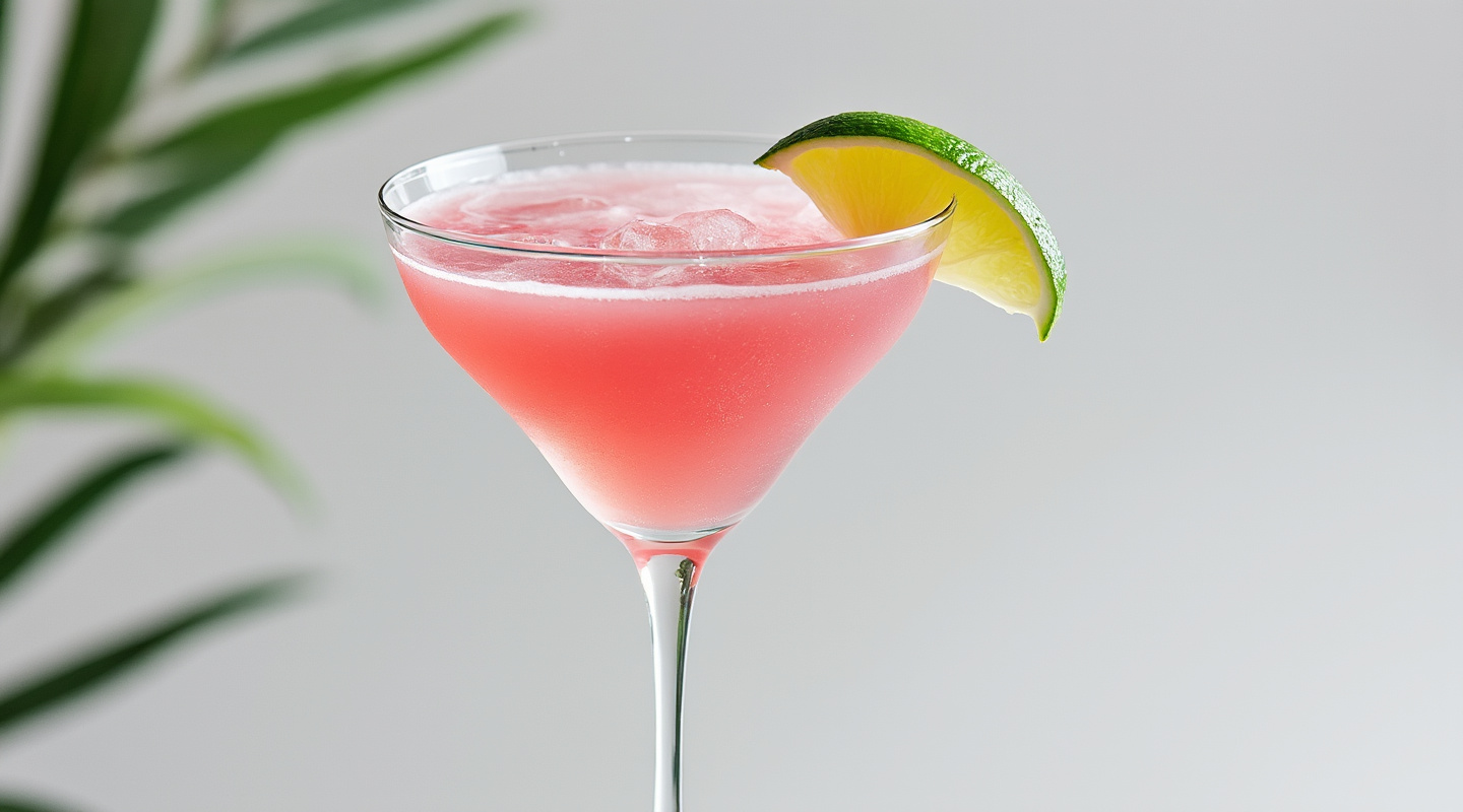 A glass of Pink Daiquiri garnished with a lime wedge