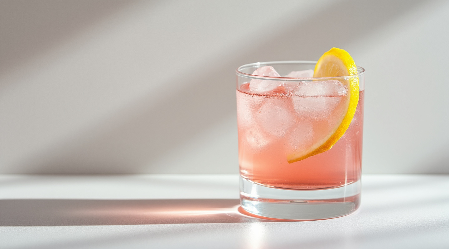 A Pink Gin served in a coupe glass with lemon twist