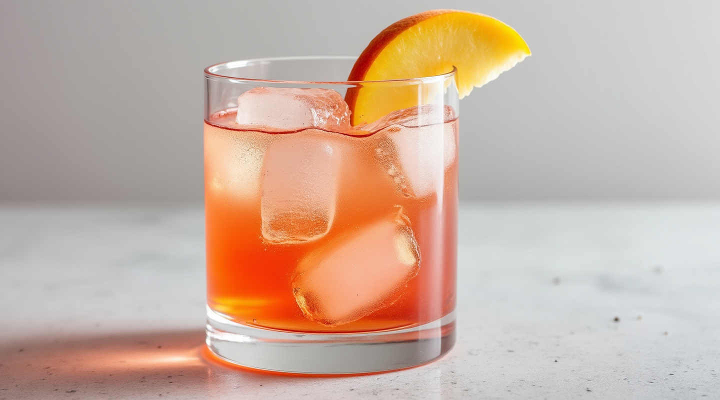 Baltic Spring Punch in a glass with a peach wedge garnish