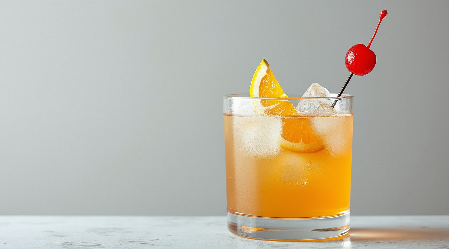 Pisco Collins cocktail in a Collins glass garnished with an orange slice and cherry on a stick