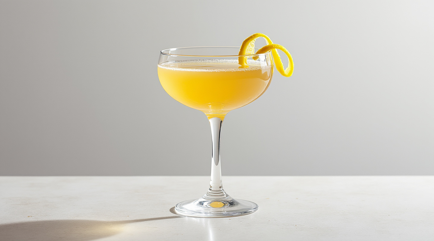 Grand Élixir in a Coupe glass with lemon zest twist