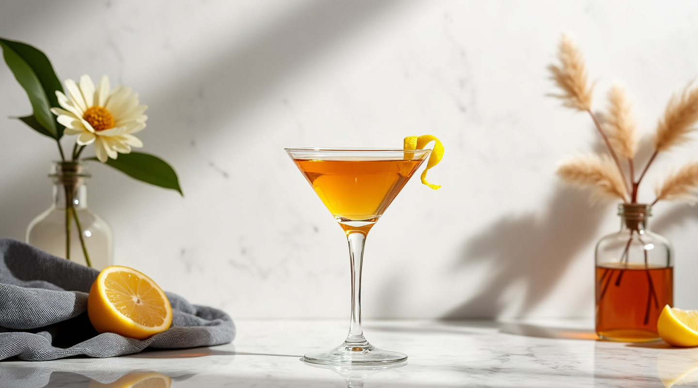 Glass of Pooh'tini cocktail with a lemon zest twist garnish