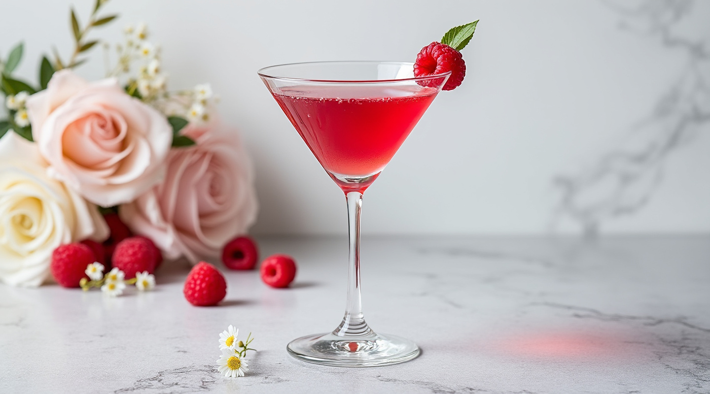 Raspberry Martini garnished with raspberries