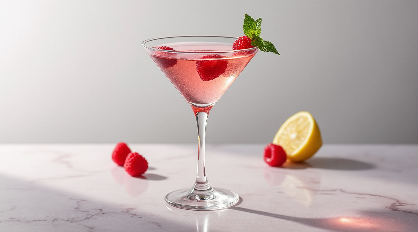 Razzitini in a martini glass garnished with raspberries