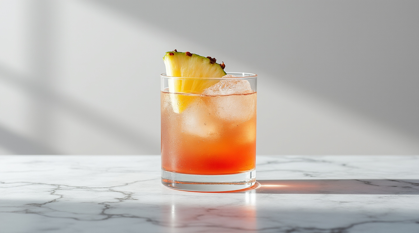A vibrant, fruity reef juice cocktail served in a Collins glass