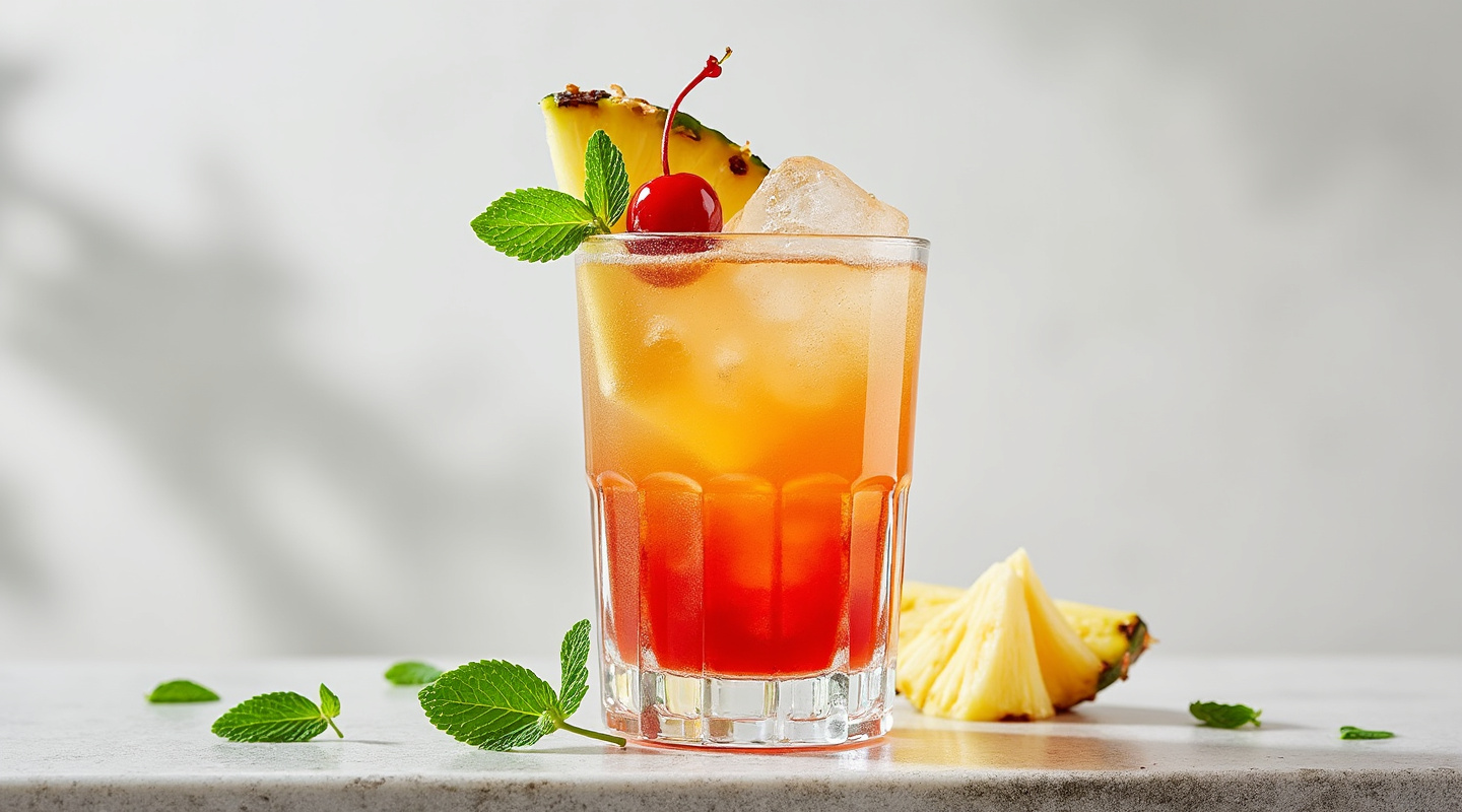 Reggae Rum Punch in a Collins glass garnished with pineapple, cherry, and mint