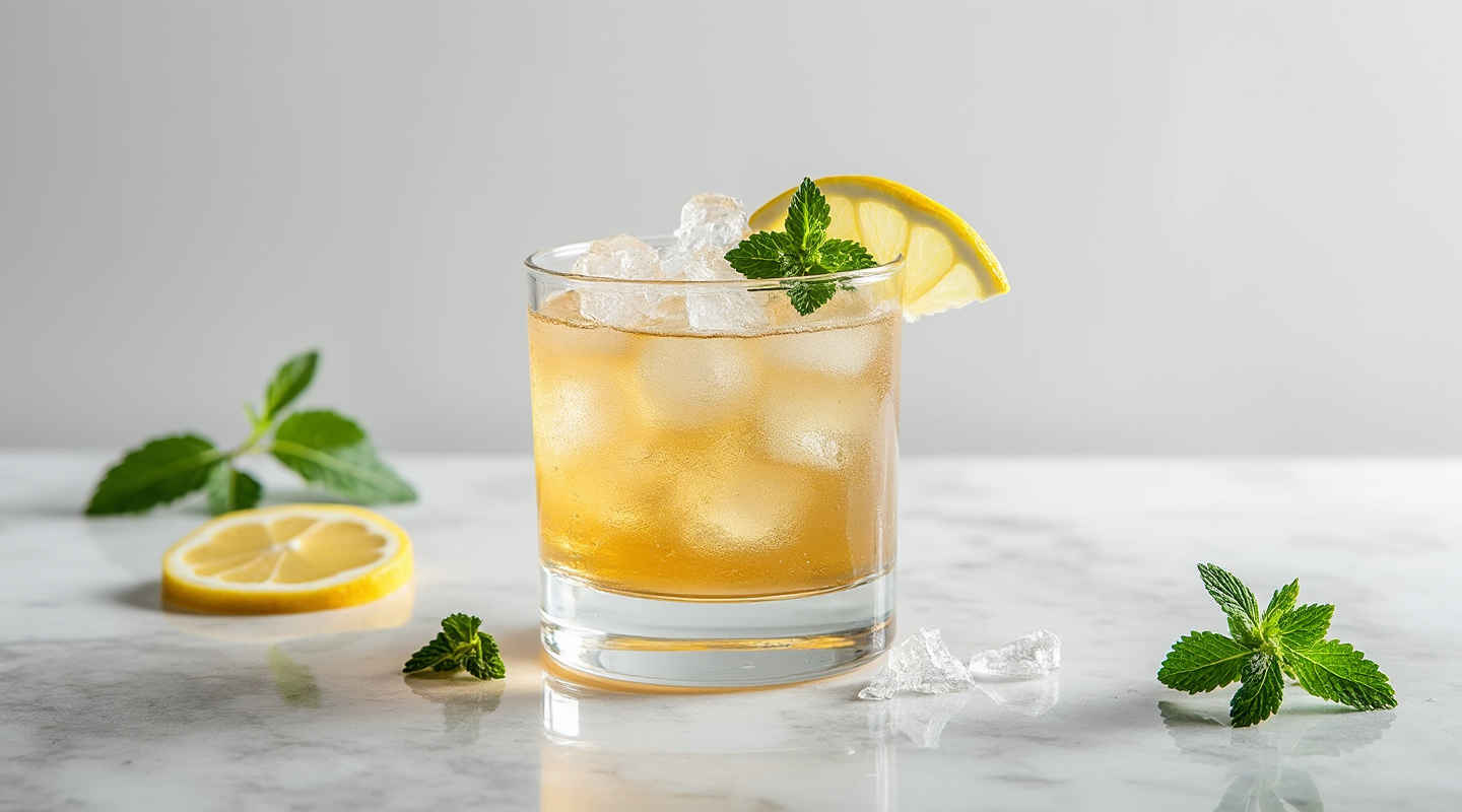 A refreshing cocktail featuring mint, gin, and apricot liqueur with lemon and rich simple syrup, served over crushed ice.
