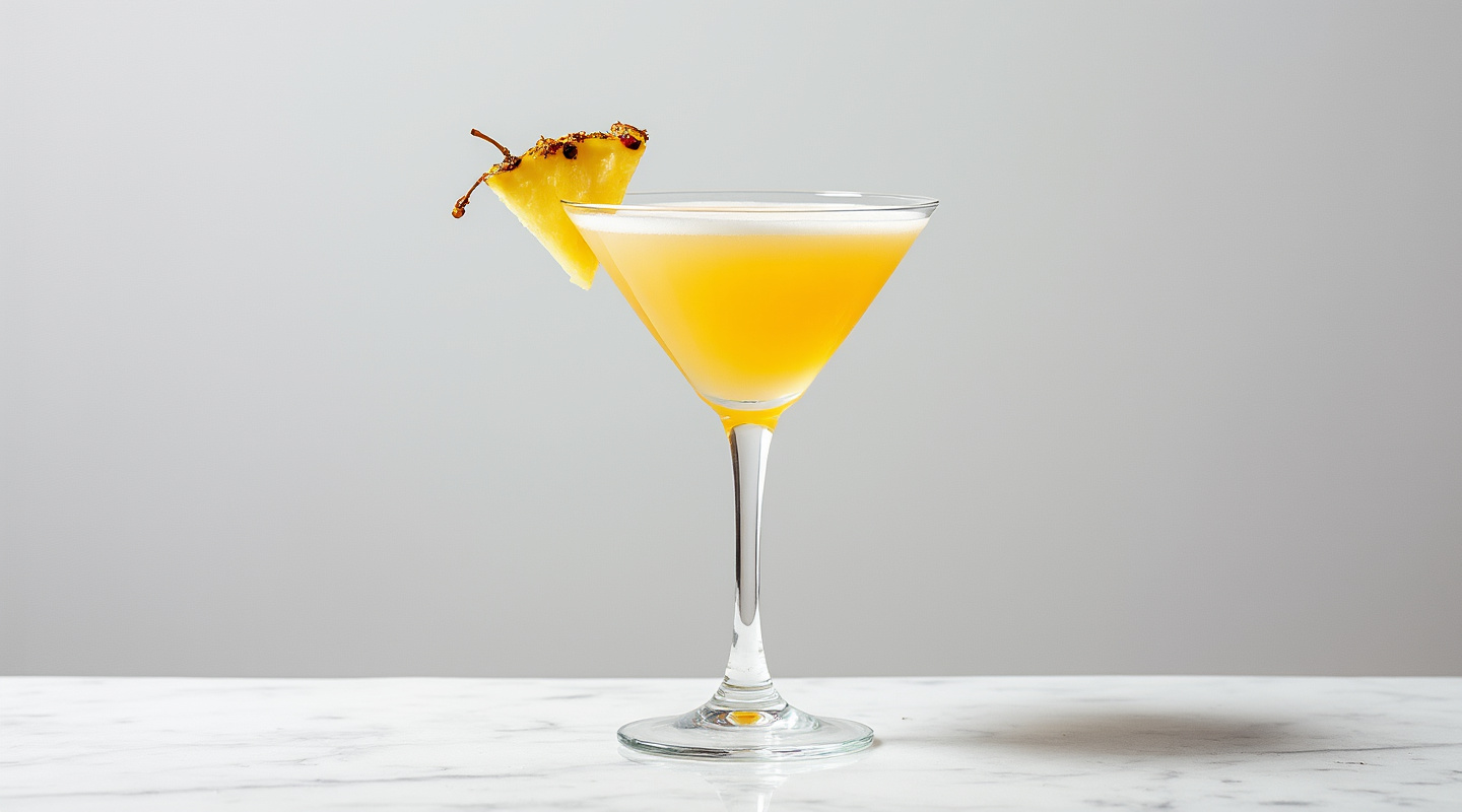 A vibrant South Pacific cocktail garnished with a pineapple wedge.