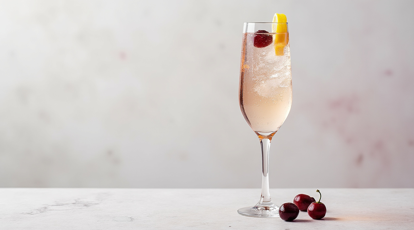 Sloe Motion cocktail in a flute glass with a lemon zest twist