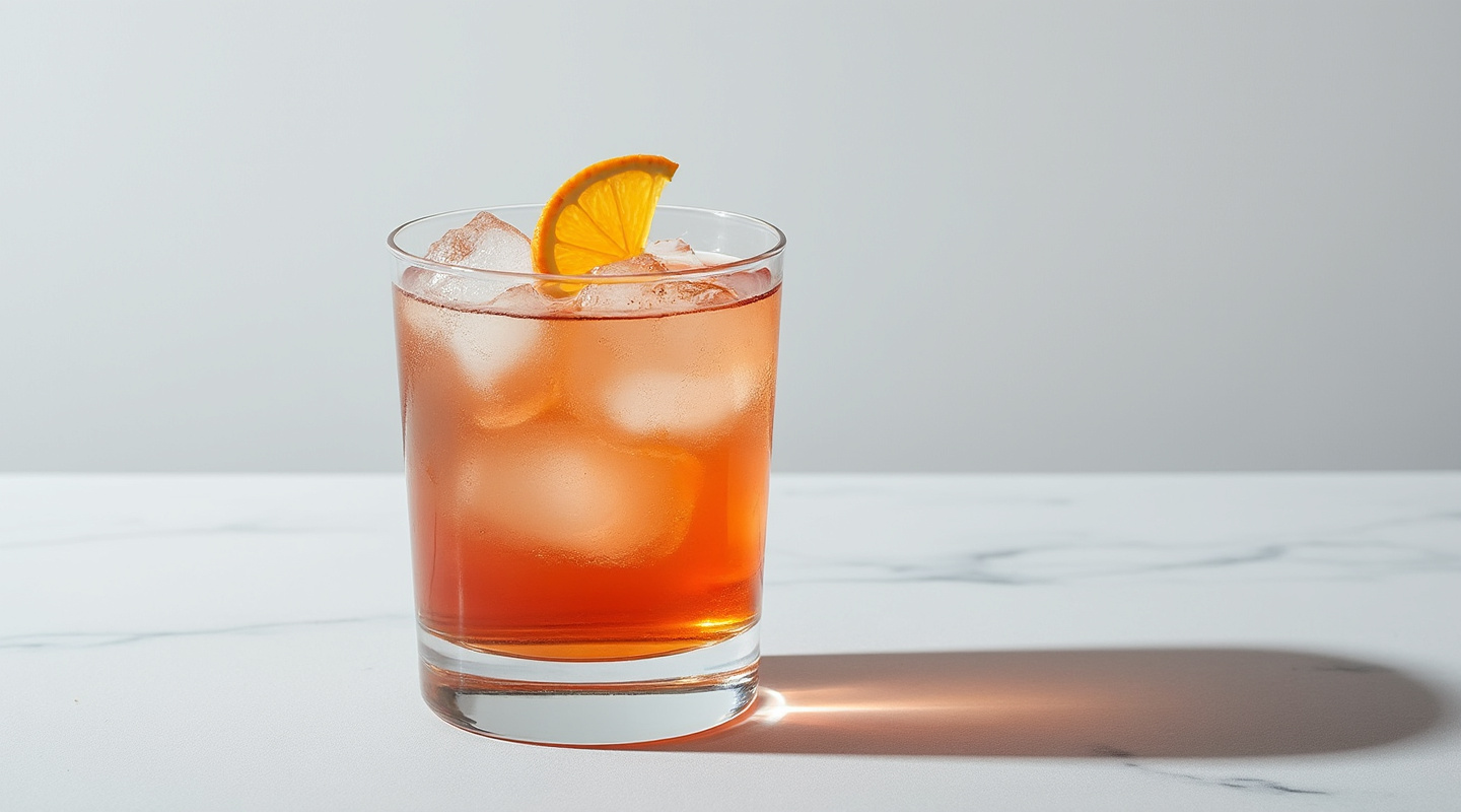 Slow Comfortable Screw Against The Wall cocktail with orange slice garnish