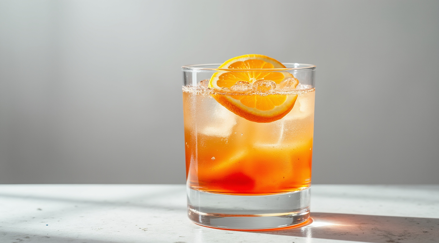 Sputnik #2 cocktail in an Old-fashioned glass with an orange garnish