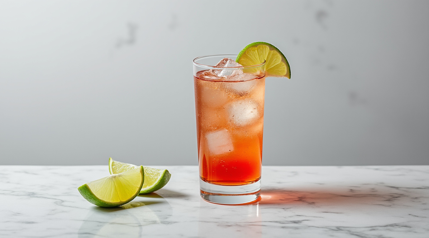 Stiletto cocktail in a Collins glass with a lime wedge garnish