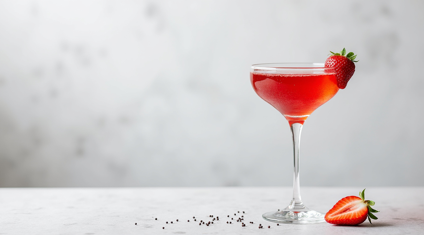 Strawberry Martini in a coupe glass, garnished with a strawberry.
