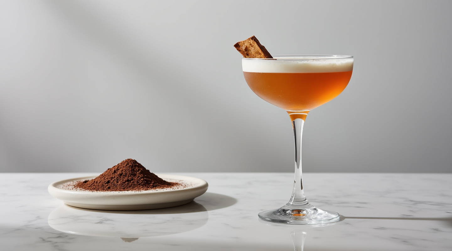 A Toblerone Cocktail in a coupe glass, garnished with Toblerone chocolate and chocolate powder.