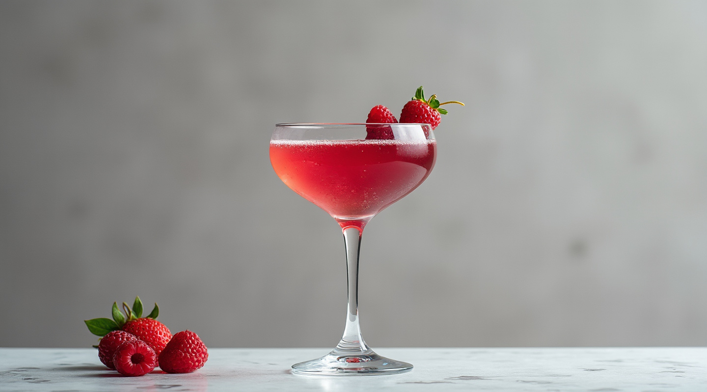 Tripleberry cocktail served in a Martini glass with berry garnish