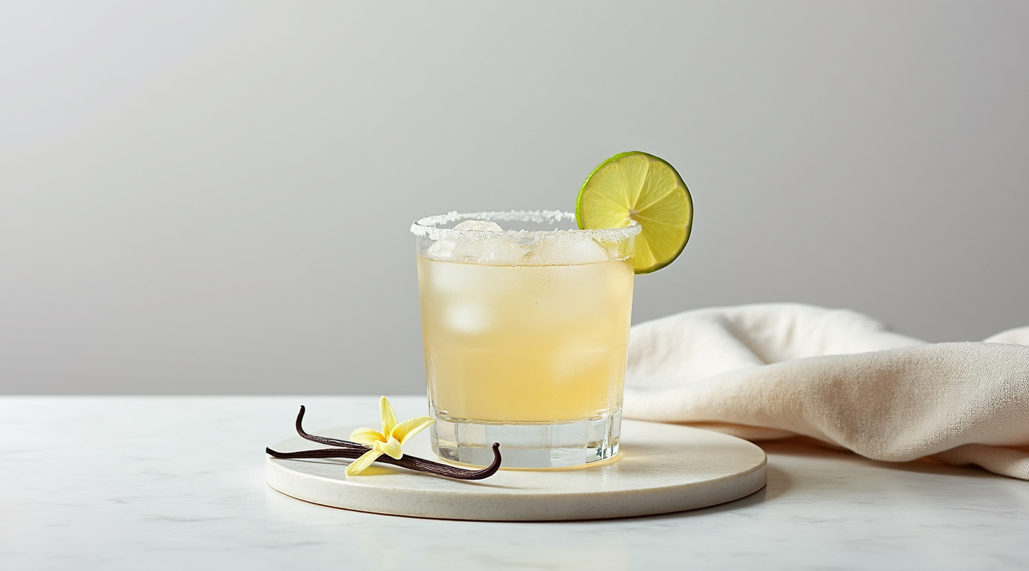 Vanilla Margarita in a glass garnished with lime wedge