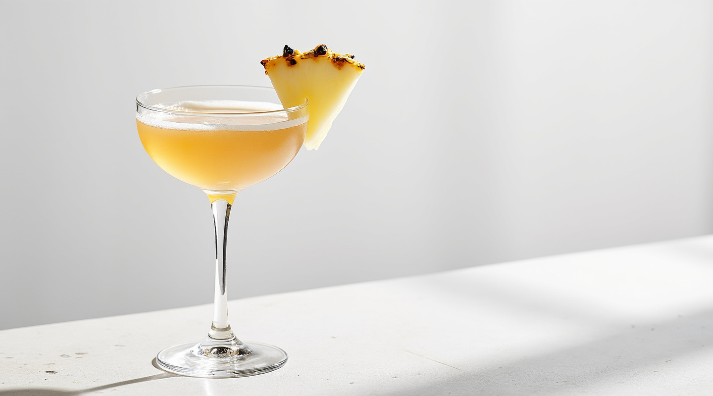 Chilled Vanitini in a elegant martini glass, garnished with a pineapple wedge.