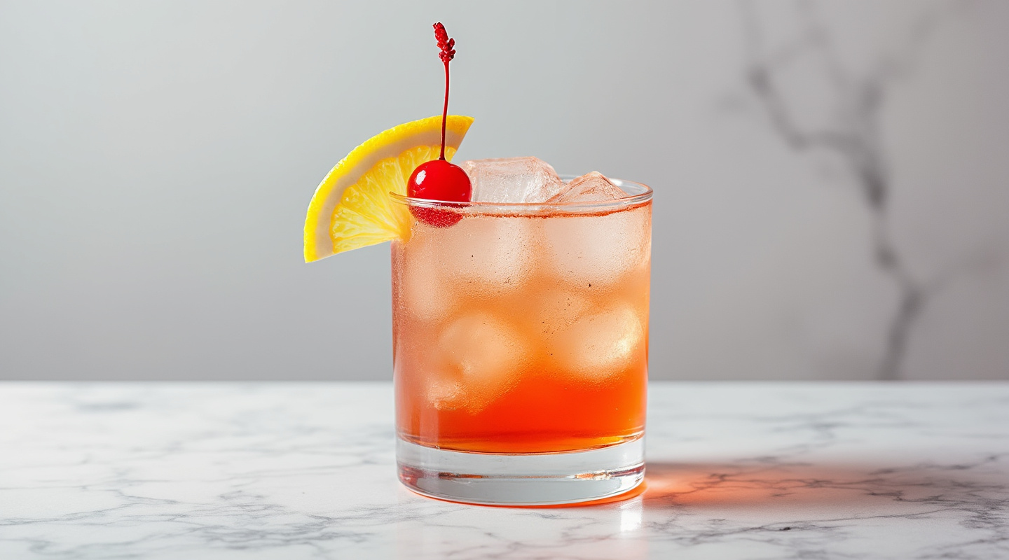 Vodka Sour cocktail in an Old-fashioned glass garnished with a lemon slice and cherry