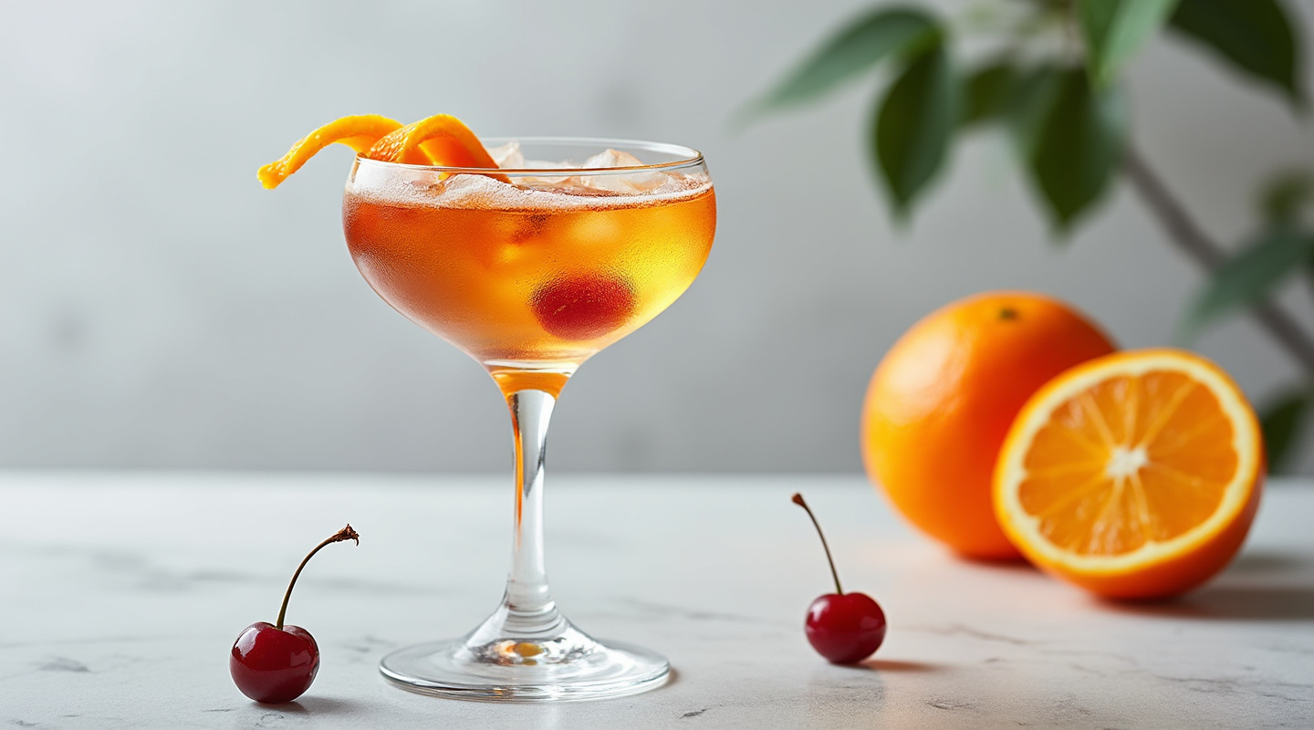 Warsaw cocktail in a martini glass with orange zest garnish