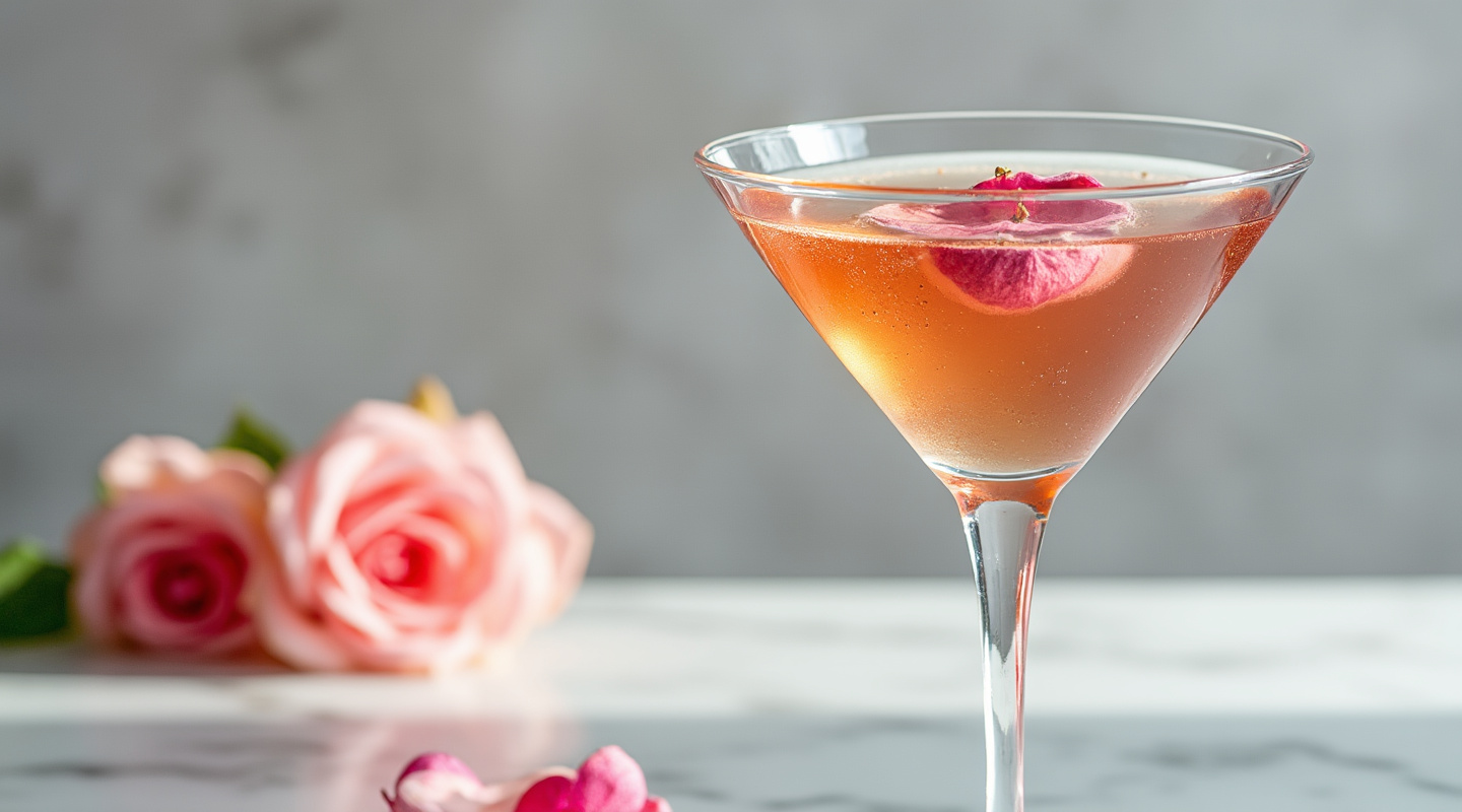 The Windsor Rose cocktail served in a chilled martini glass