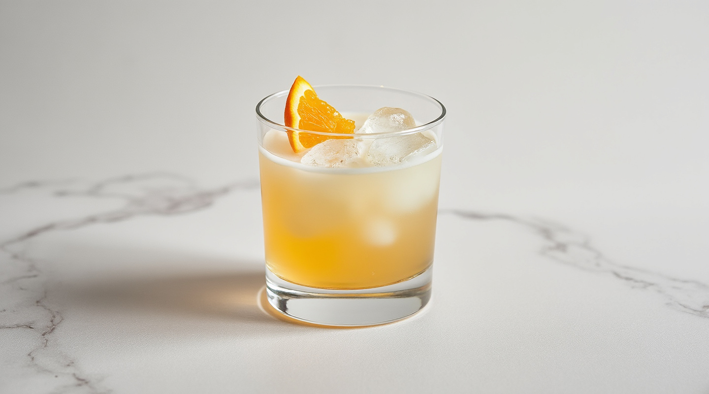 Bessie & Jessie Cocktail served in a Collins glass with an orange wheel garnish