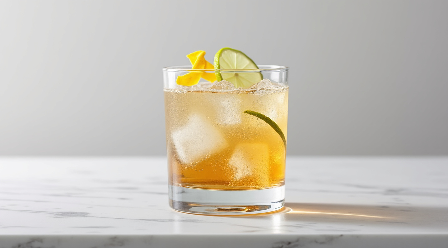 Zesty cocktail in an Old-fashioned glass with crushed ice and lime zest garnish