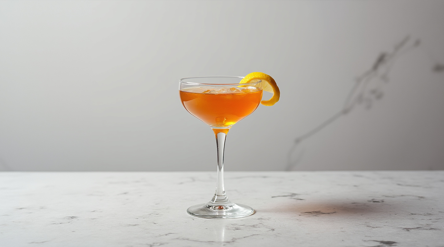 Brandy Cocktail in a Nick & Nora glass with lemon zest garnish