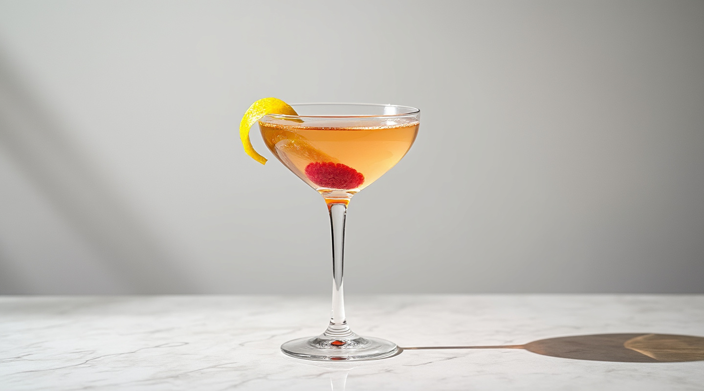 A vibrant red cocktail served in a chilled Martini glass