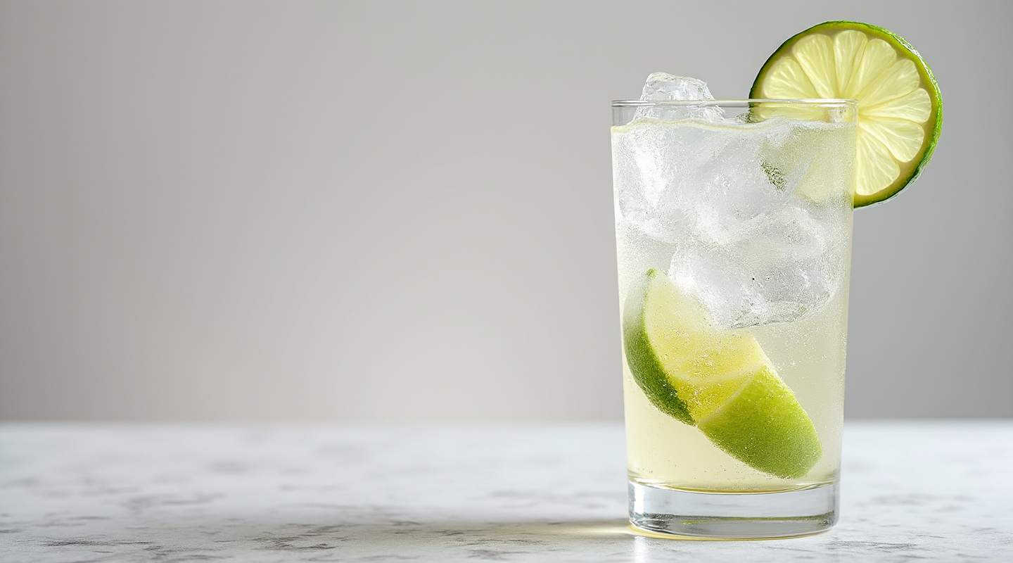 A TNT cocktail in a Collins glass with a lime wedge garnish