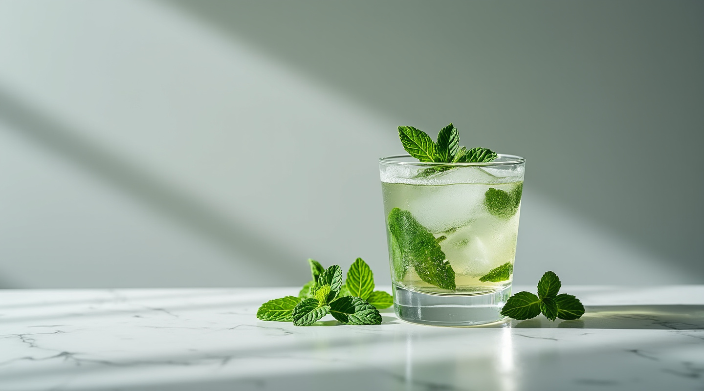 Mojito in a tall glass with crushed ice and a tall mint sprig