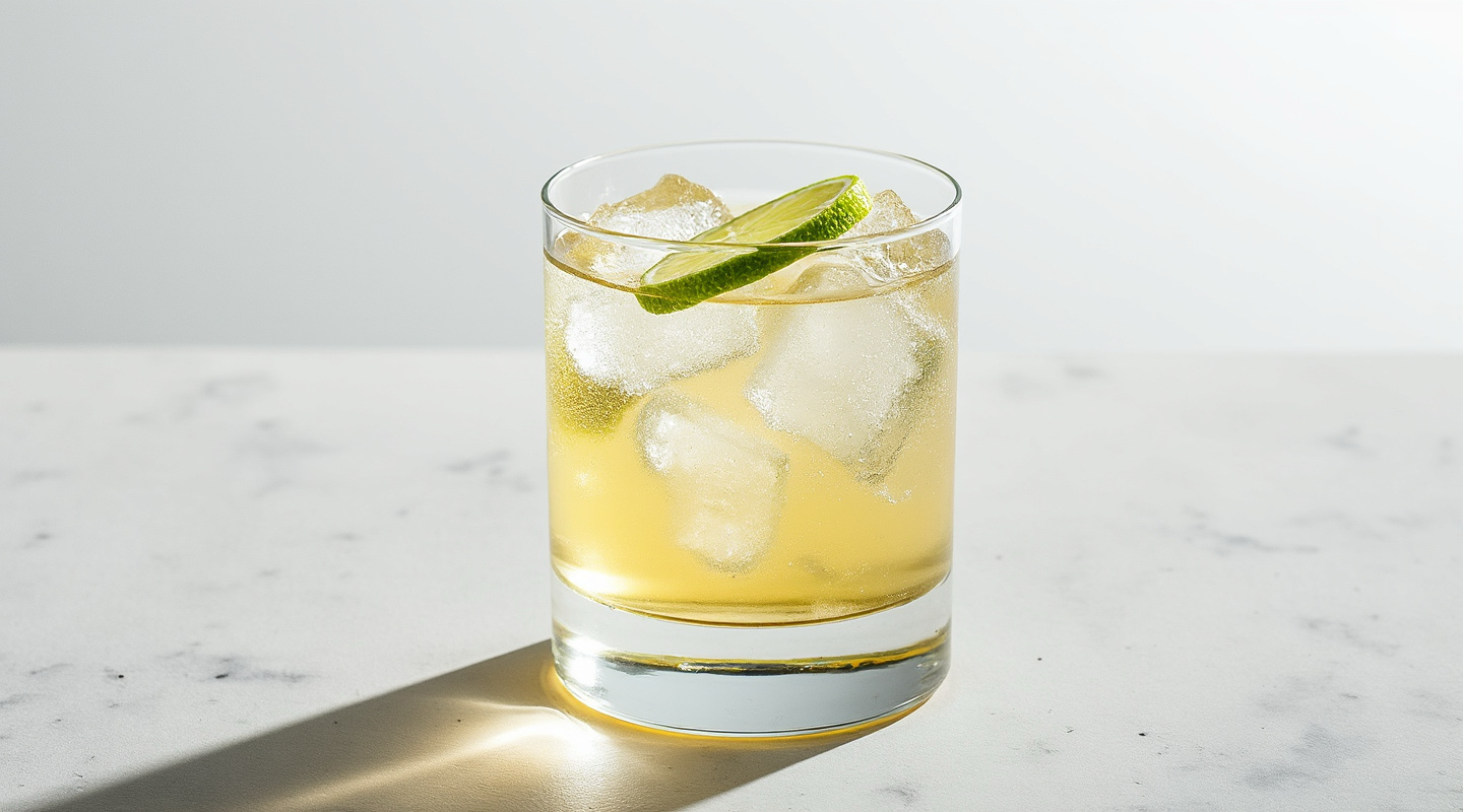 Tall elderflower highball with lemon twist and small white blossom garnish
