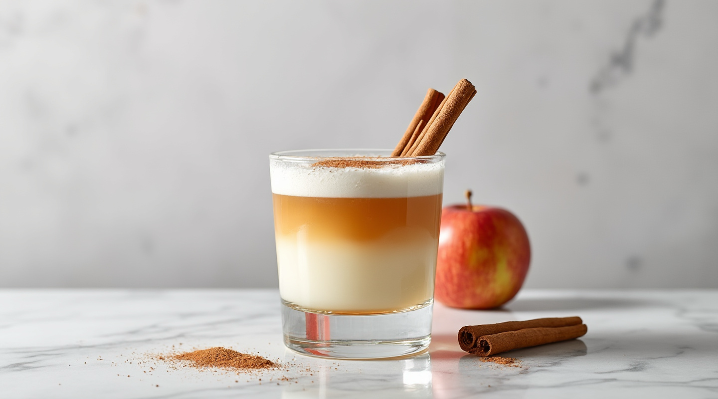 Fall cocktails poured with apple, cinnamon stick, and amber whiskey