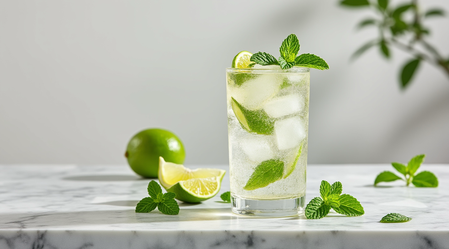 Summer cocktails in tall glasses with citrus, mint, and sparkling pours