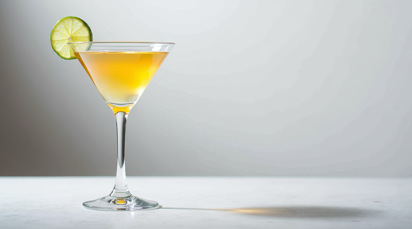 Margarita with salt rim and lime wedge on wooden surface