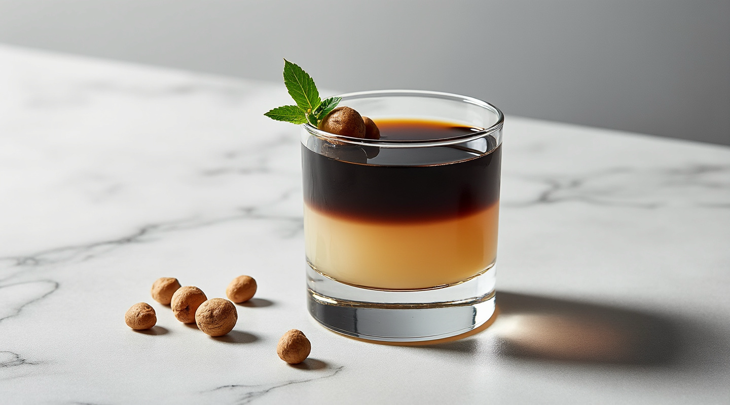 Halloween cocktails in dark glasses with pumpkin and citrus garnish