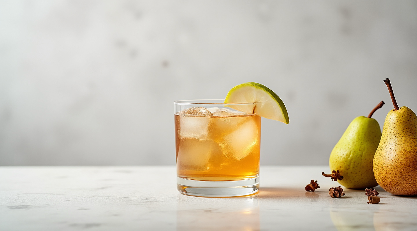 Thanksgiving cocktails set on a fall table with pumpkin and pear
