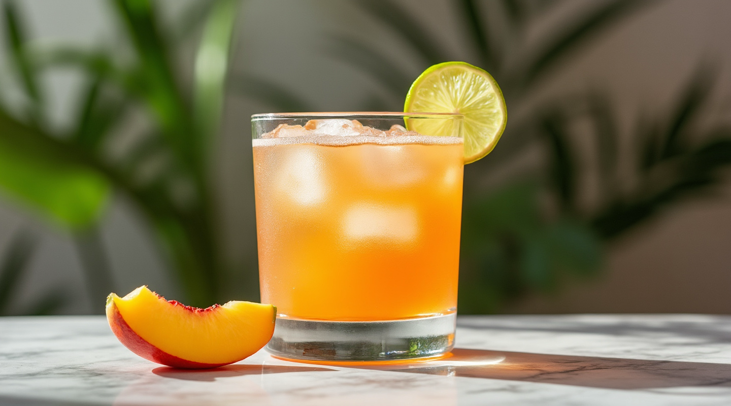 Bellini peach spritz in a wine glass with peach slice and fresh thyme