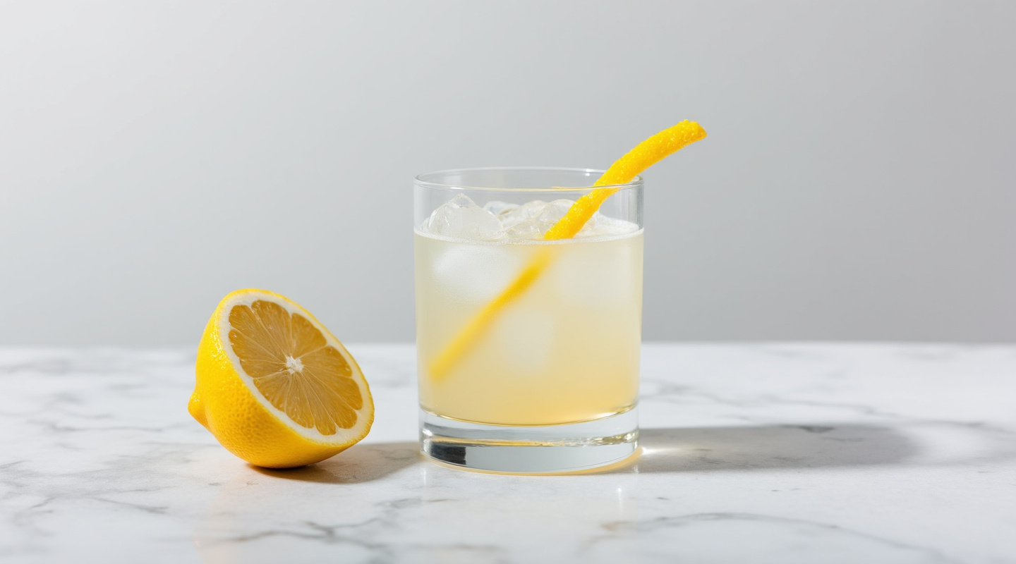 A glass of Bison Sour with a garnish of lemon zest twist.