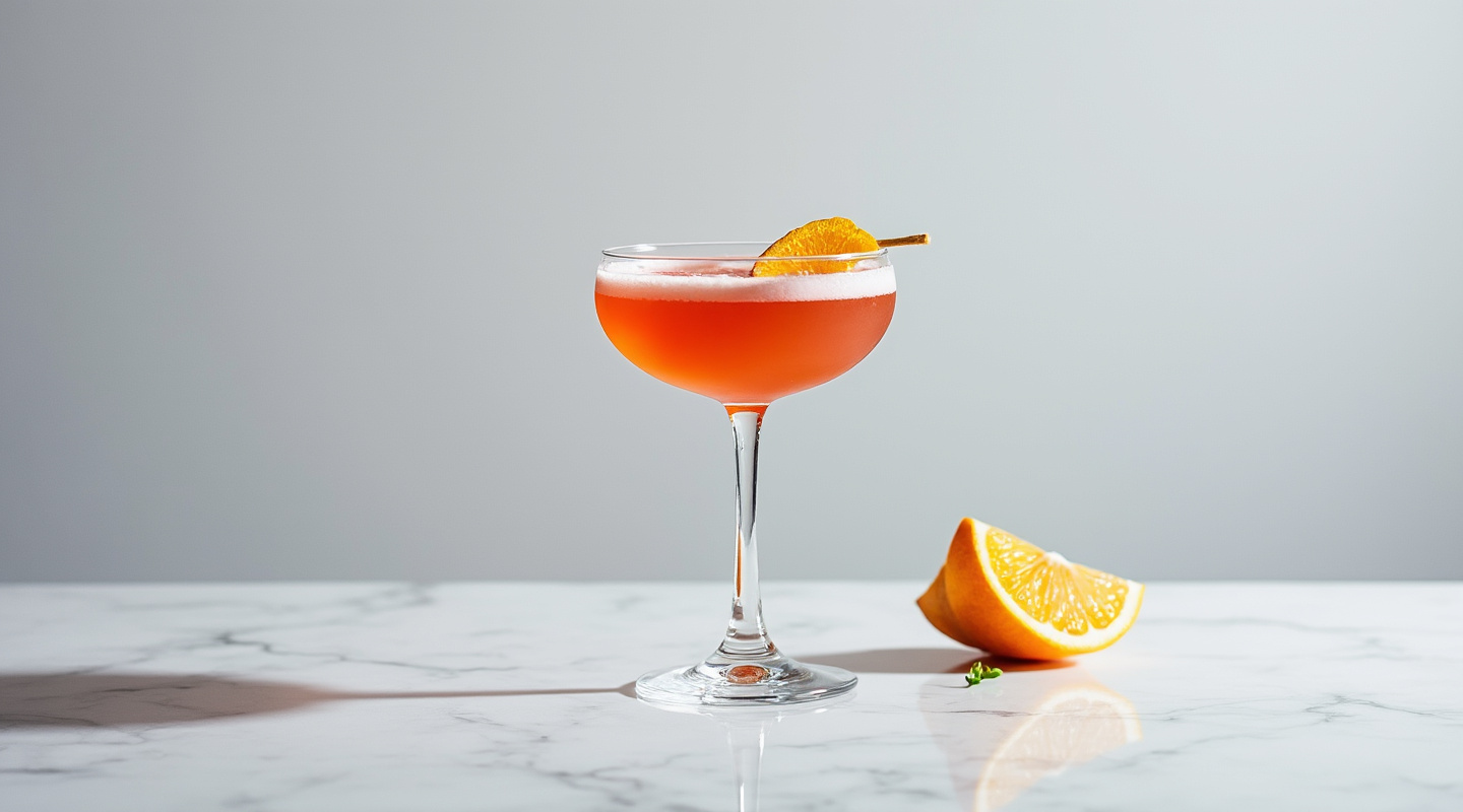 An elegant Bitter Lady cocktail served in a coupe glass with a grapefruit zest garnish.