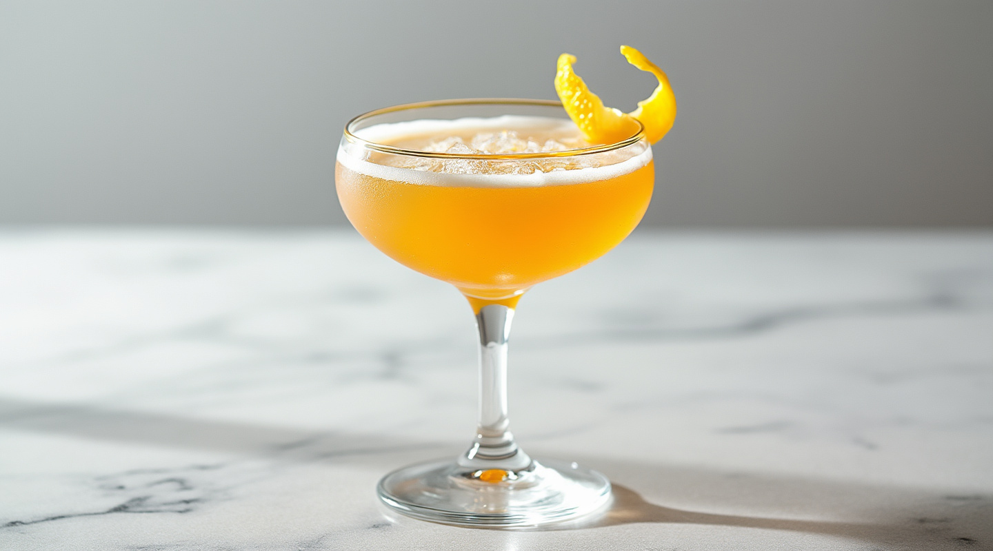 Bouquet cocktail served in a coupe glass, garnished with lemon zest.