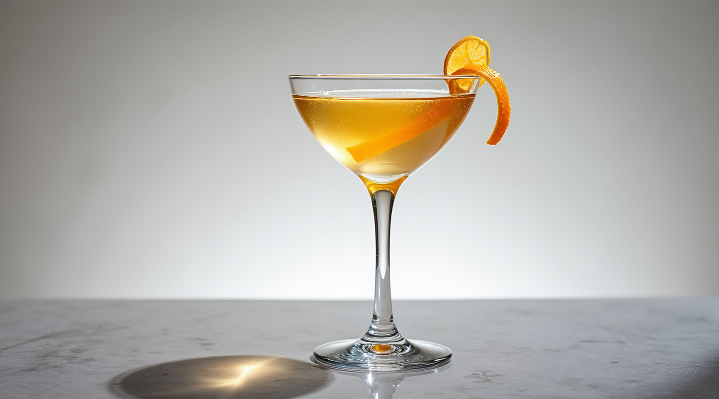 A Martini glass filled with Angels' Advocate cocktail, garnished with an orange zest twist