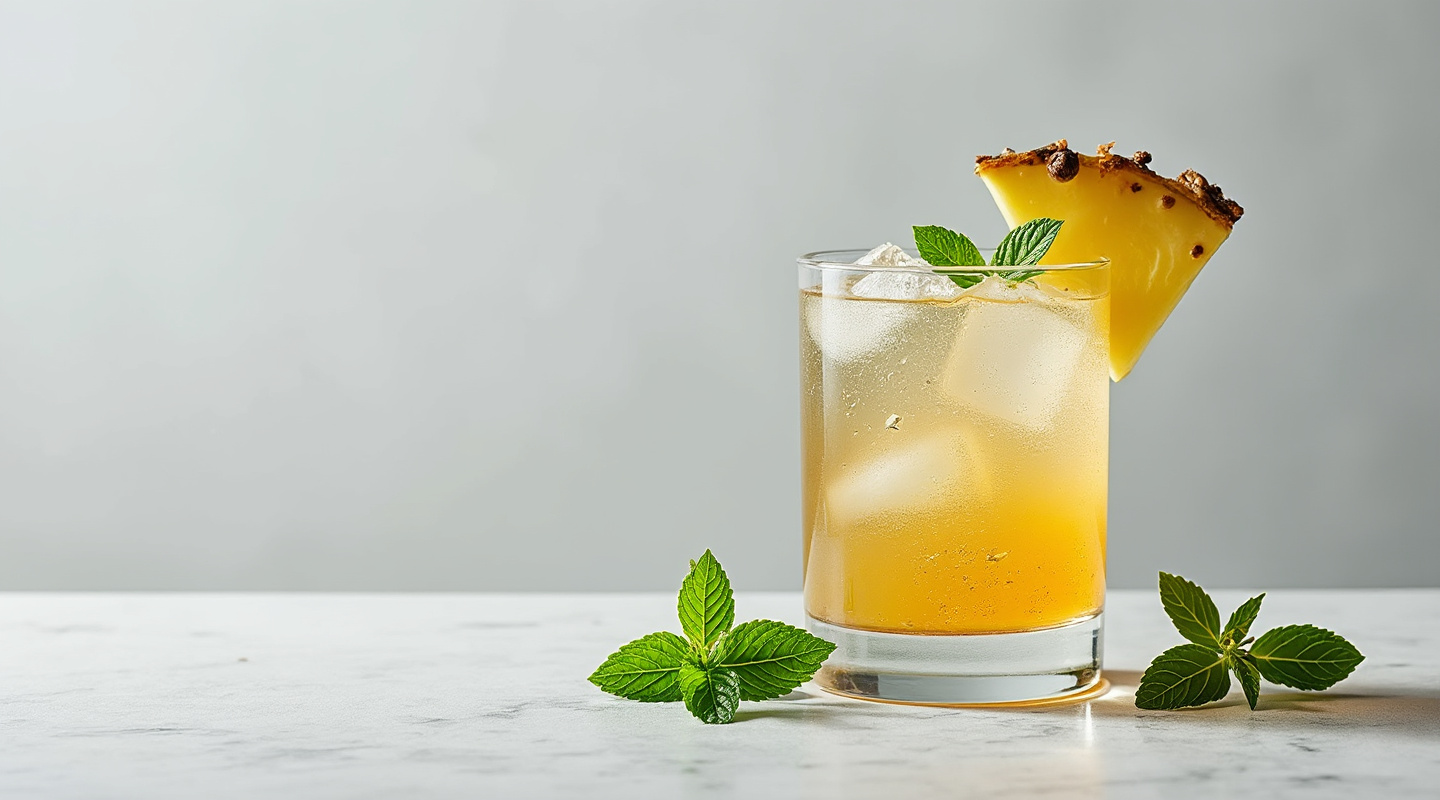 Doheny Pisco Punch in a glass garnished with mint and pineapple