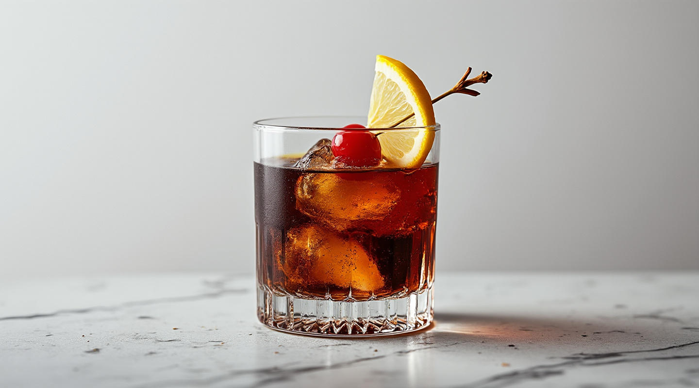 A Black Russian cocktail served in a chilled glass with garnish