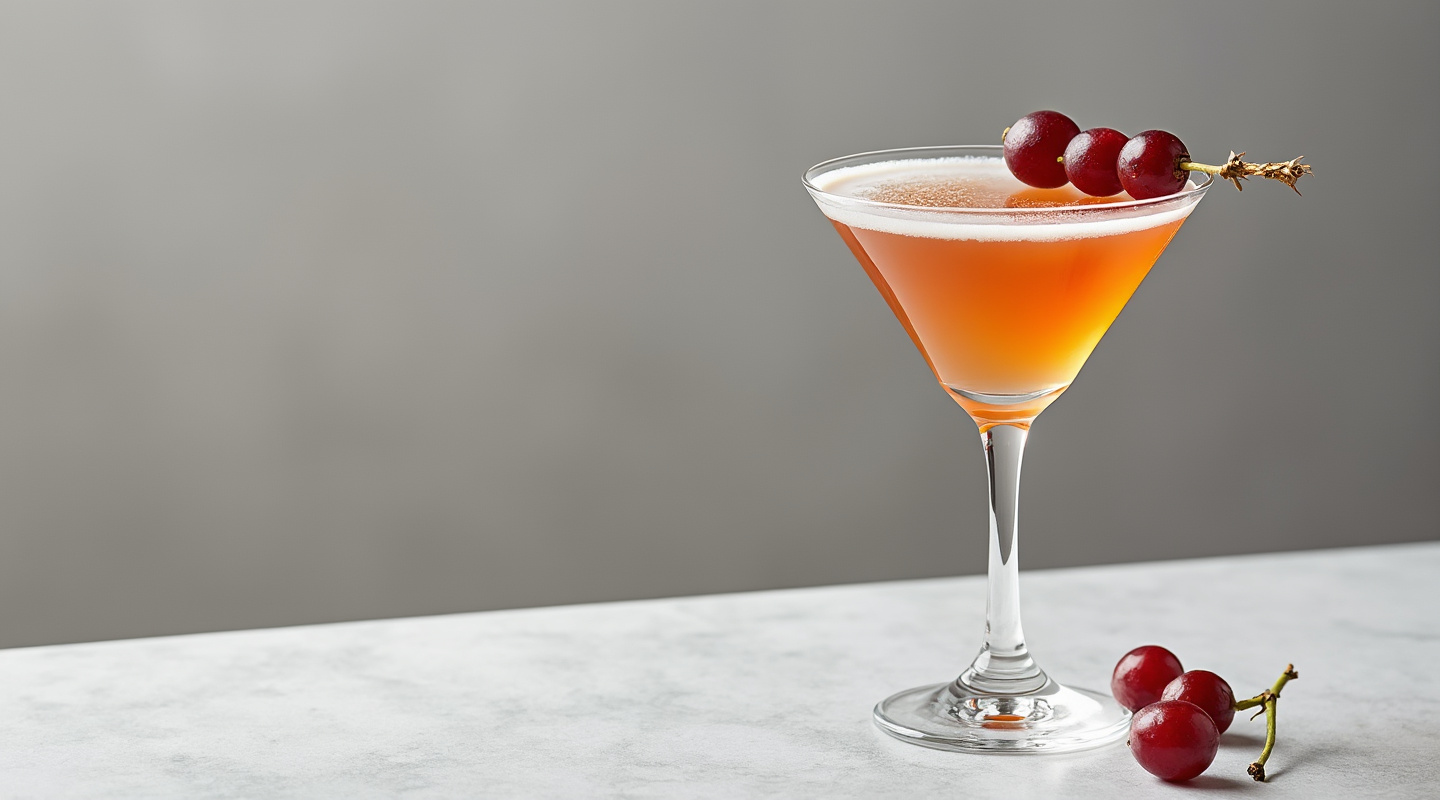 Dutch Master cocktail served in a Martini glass garnished with grapes