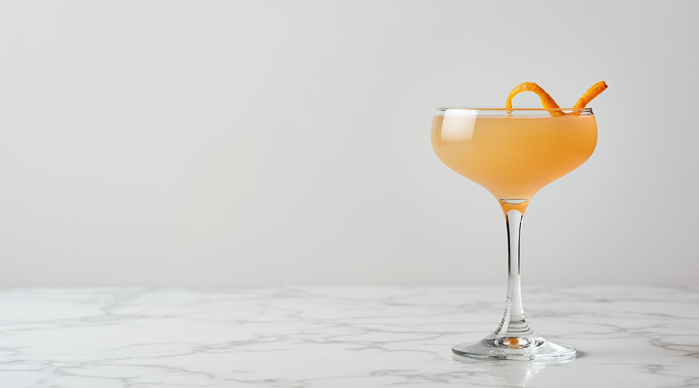 Eighteen '97 cocktail served in a martini glass with a kumquat garnish