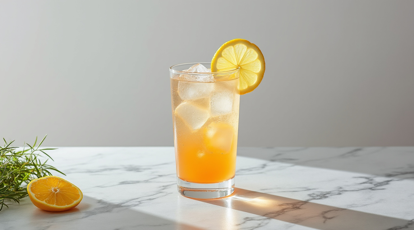 A vibrant Full Monte cocktail garnished with a lemon slice in a sling glass.