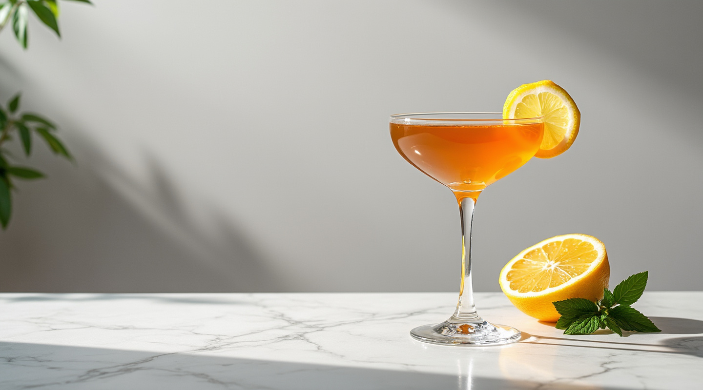 Hesitation cocktail with a lemon zest twist garnish in a Martini glass