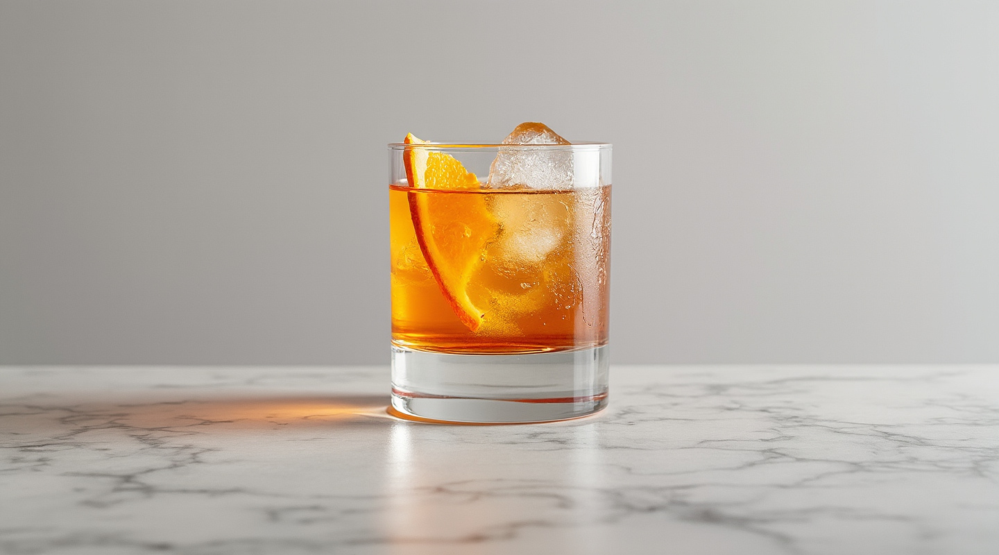 Kanu-No cocktail in an old-fashioned glass with orange zest twist garnish